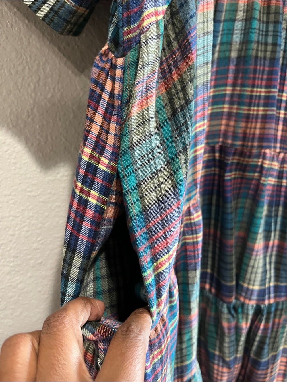 NATURAL LIFE Plaid tiered Midi Dress in Teal Navy Pink Short Sleeve Sz L Boho - Picture 5 of 9